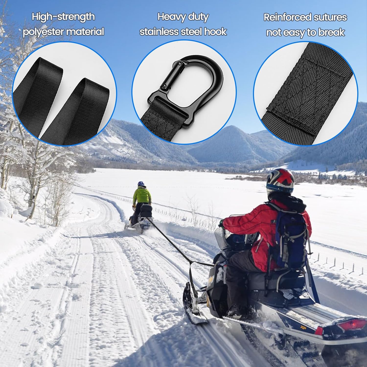 Snowmobile Tow Strap with Hook, 19ft Tow Rope, Quick Hook Up for Sled, Skidoo, ATV, Emergency Kit Accessory