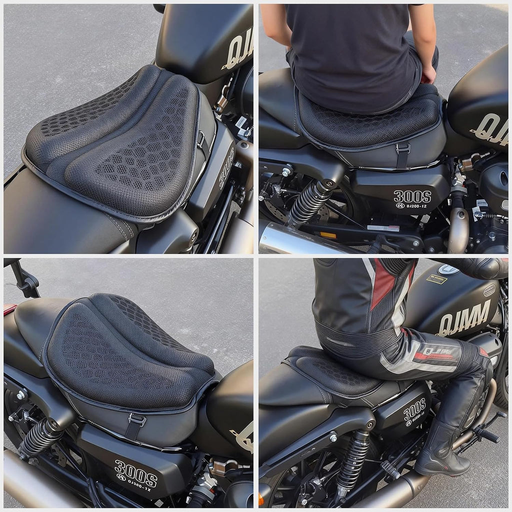 Motorcycle Gel Seat Cushion - Foldable Soft Pressure Relief Pad with Petal Ergonomic Design & 3D Honeycomb Breathable Structure, Cool & Comfortable for Long Rides (Black)