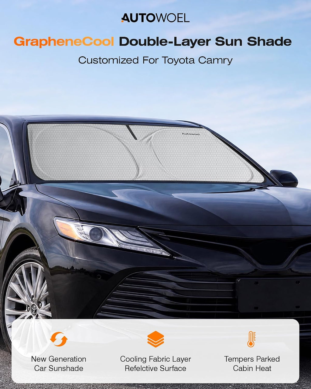 Graphene Dual-Layer Windshield Sun Shade for Car, Cooling Heat Blocker with 99% UV Protection, Foldable Front Car Windshield Shade for Cars Trucks SUVs, Odor-Free Car Windshield Sunshade 64"x 32"