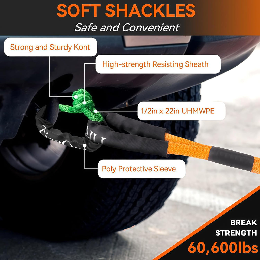 Kinetic Recovery Rope (1" x 30ft 48500lbs), Kinetic Tow Rope Recovery Kit with 2 Soft Shackles, Heavy Duty Offroad Snatch Strap, 35% Elasticity Tow Ropes for Trucks SUV UTV ATV Jeep Tractor
