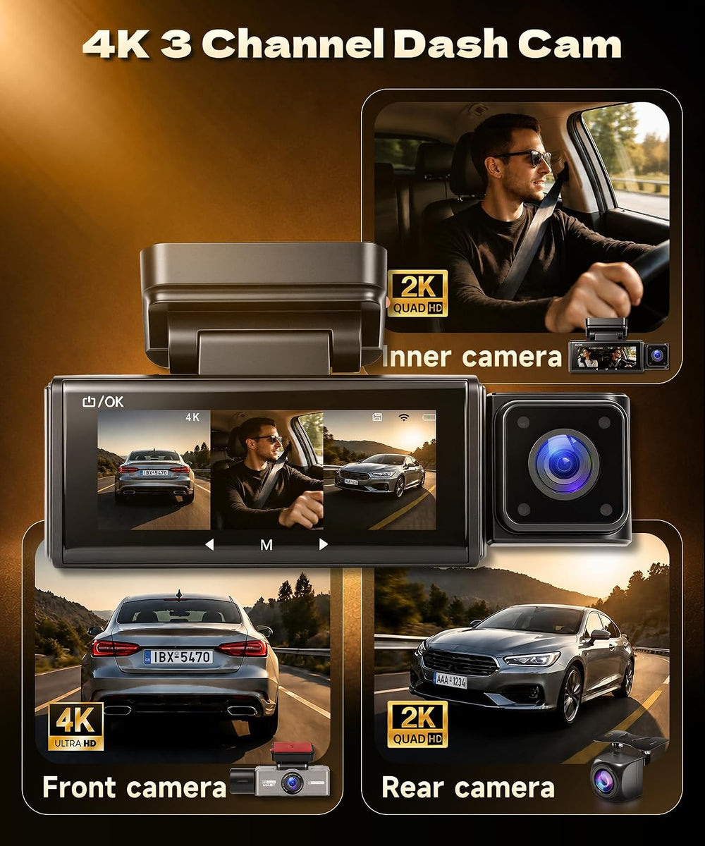 4K+2K+2K 3 Channel Dash Cam Front Rear Inside Car Camera, 64GB Card
