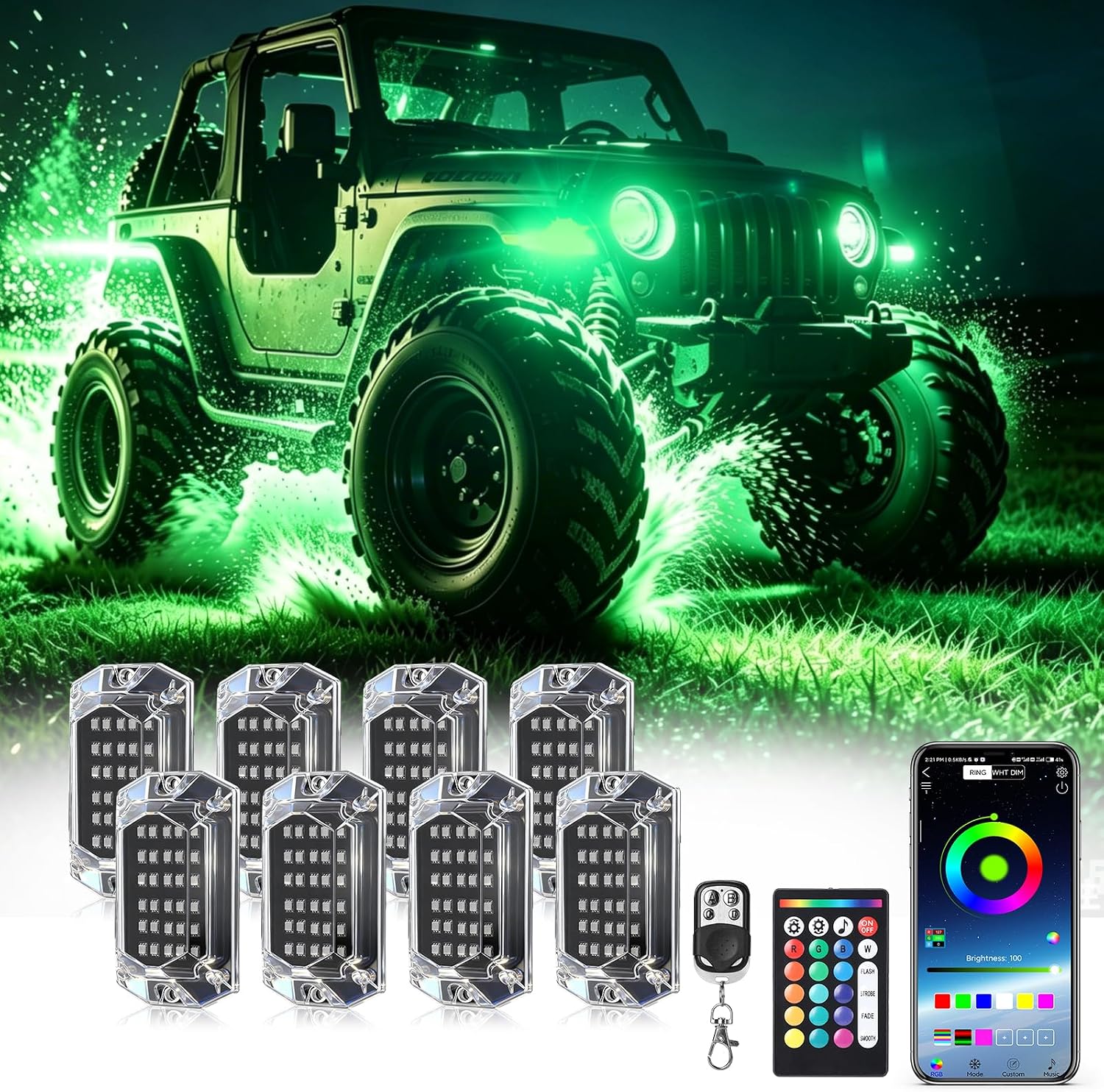 8Pods Full Angle RGB LED Rock Lights Kit with APP/RF Remote Control, Bright Underglow Lights with Brake Multicolor Neon Underbody Lights Waterproof 12V for Trucks Pickup Jeep Golf Cart SXS ATV