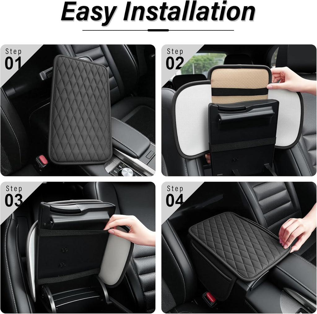 Amiss Car Center Console Cover, Upgraded Leather Car Armrest Cushion with 2 Storage Pockets, Universal Waterproof Cushion Pad, Non-Slip Car Interior Accessories, Fits Most Sedans SUVs Trucks (Black)