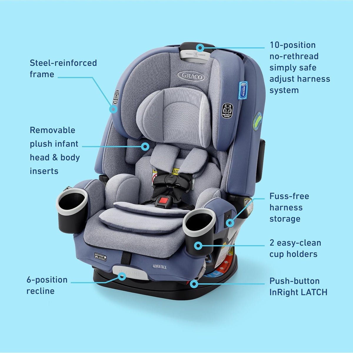 graco 4ever dlx 4-in-1 convertible car seat, charlie, front angle view