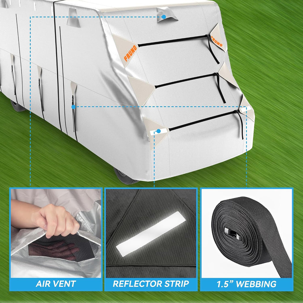 FRUNO Oxford Fabric Class C RV Cover Fits 23'-26' Waterproof Rip-Resistant Anti-UV Motorhome Camper Cover for Winter Snow with 4 Tire Covers and Gutter Covers
