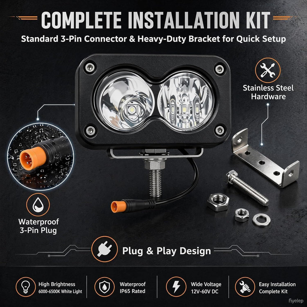 Baja Light for Ebike,Baja Light for Ridstar Q20,Universal 3 Pin Plug | White High Beam 20W 6000-6500K Compatible with Ridstar Q20 Lite/Q20 Pro, Ebike, Motorcycle & ATV