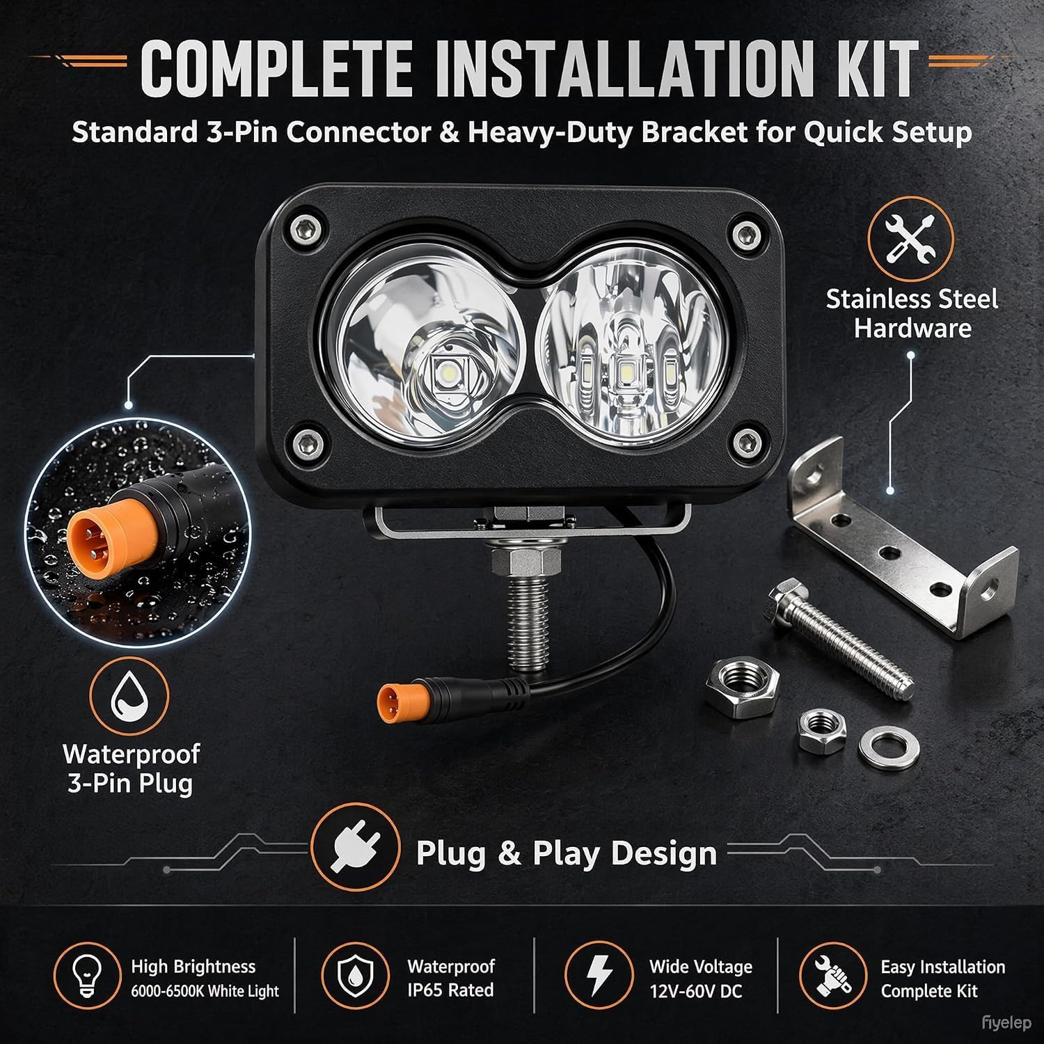 Baja Light for Ebike,Baja Light for Ridstar Q20,Universal 3 Pin Plug | White High Beam 20W 6000-6500K Compatible with Ridstar Q20 Lite/Q20 Pro, Ebike, Motorcycle & ATV