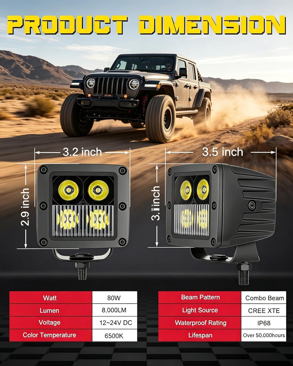 LED Cubes, 2PCS 3inch 80W CREE Combo Beam LED Pods Light Offroad