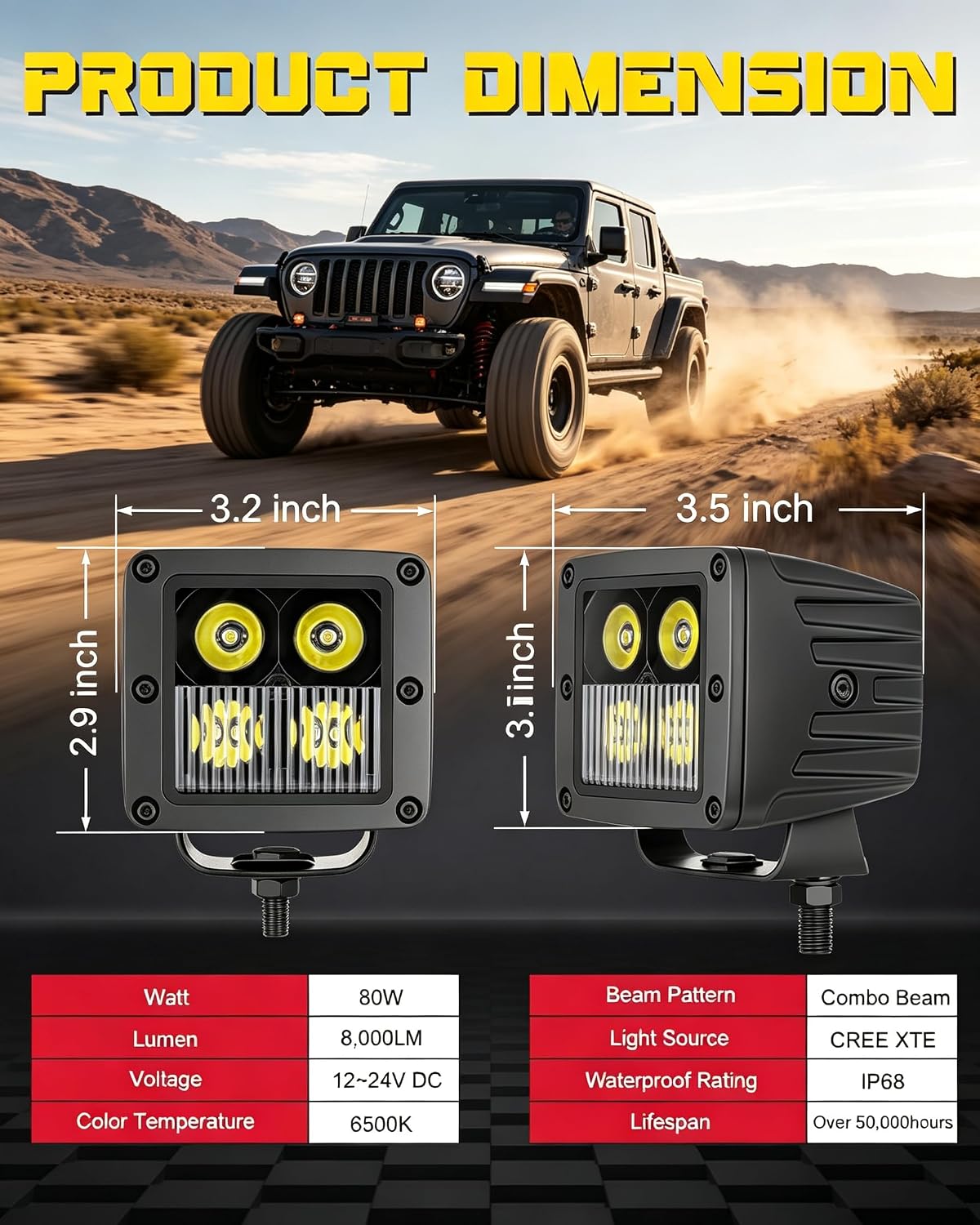 LED Cubes, 2PCS 3inch 80W CREE Combo Beam LED Pods Light Offroad