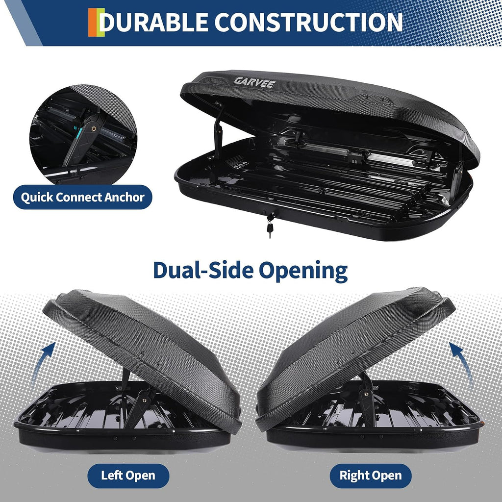 Garvee Rooftop Cargo Box Carrier, Dual-Side Opening Vehicle Hard-Shell Carriers, Roof Mount Travel Luggage Storage, 135 LBS Weight Capacity with Secure Straps&Keys, Black (11.5 Cubic)