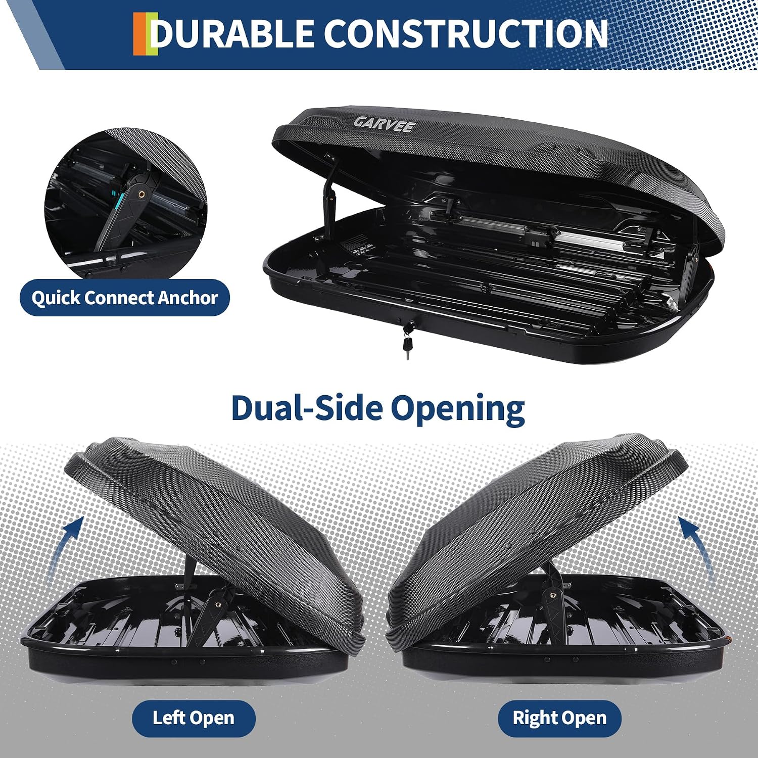 Garvee Rooftop Cargo Box Carrier, Dual-Side Opening Vehicle Hard-Shell Carriers, Roof Mount Travel Luggage Storage, 135 LBS Weight Capacity with Secure Straps&Keys, Black (11.5 Cubic)
