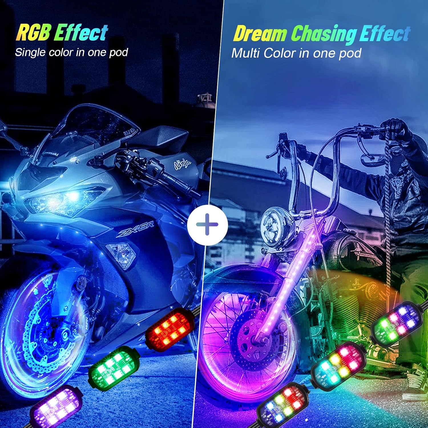 16 Pcs RGB Chasing Motorcycle LED Lights Kit for Harley Davidson Kawasaki Suzuki, Waterproof Magic Multicolor Motorcycle Underglow Kit Strip Lights with APP Control Music Sync Brake Turn Signal