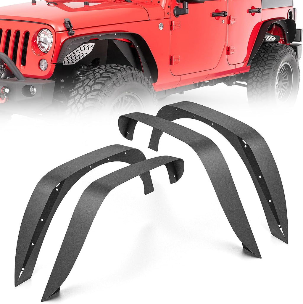YZONA for JK 4-Piece Flat Style Front and Rear Fender Flares Kit Compatible with 2007-2018 Jeep Wrangler JK JKU Unlimited (2/4 Doors) Off-Road Heavy Duty Steel Wheel Fenders Combo, Textured Black