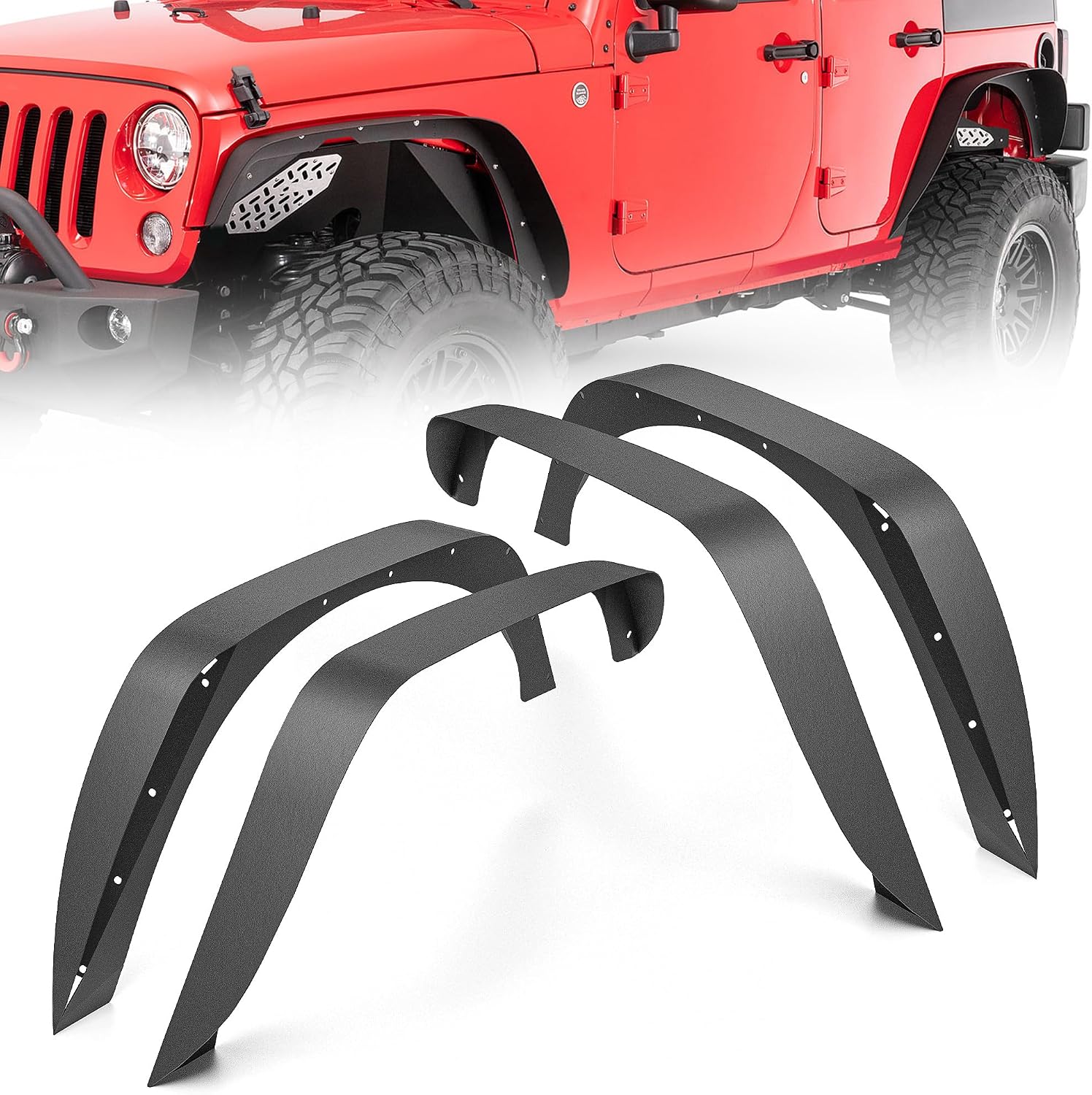 YZONA for JK 4-Piece Flat Style Front and Rear Fender Flares Kit Compatible with 2007-2018 Jeep Wrangler JK JKU Unlimited (2/4 Doors) Off-Road Heavy Duty Steel Wheel Fenders Combo, Textured Black