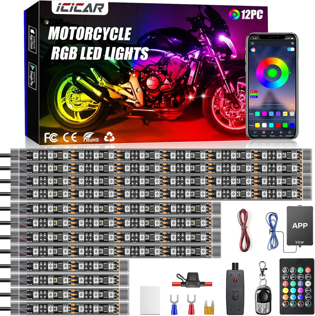 Motorcycle LED Underglow Kit, icicar 12 Pcs APP/RF Control Multicolor Motorcycle LED Light Kit with Brake Turn Signal, IP68 Waterproof & Music Sync Ambient Light for Motorcycles
