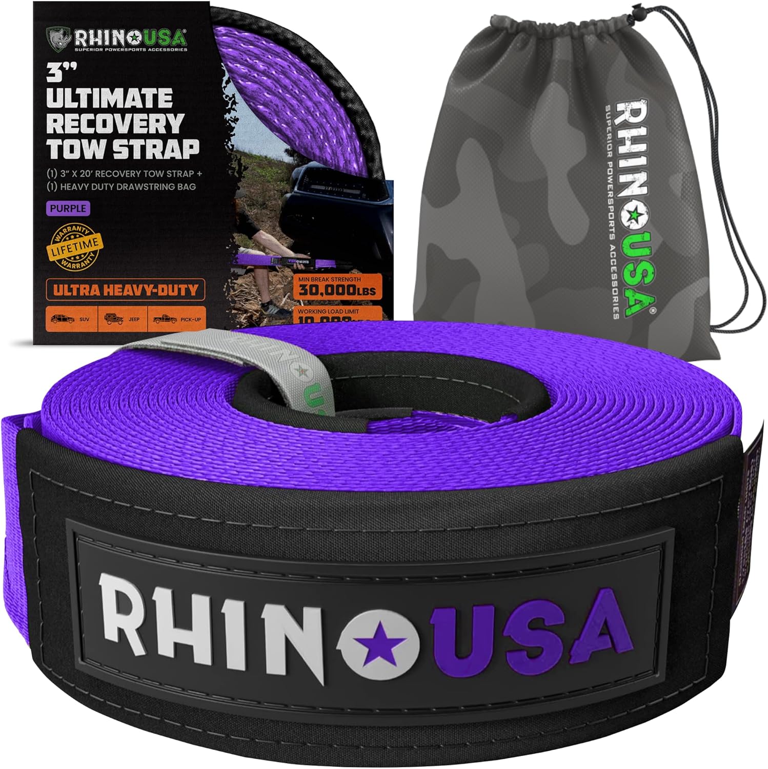 Rhino USA Recovery Tow Strap (3" x 20') - 31,518lb Break Strength - Emergency Recovery Strap Tow Rope for Truck, UTV, ATV & More - Heavy Duty Towing Strap for Offroad 4x4 Use - Compatible with Jeep