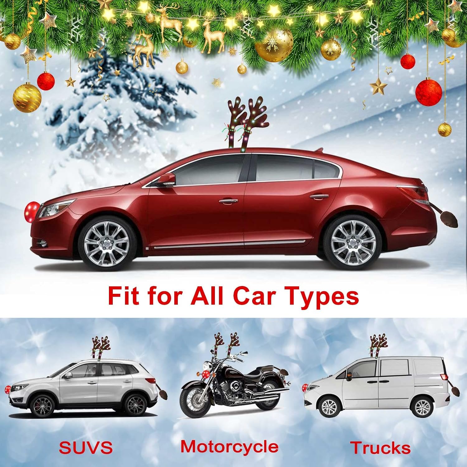 Reindeer Antlers for Cars, LED 2025 Christmas Car Decorations Kit with Jingle Bells, Nose, Tail, Multicolor Light-Up Rudolph Xmas Decor for SUV, Van, Truck