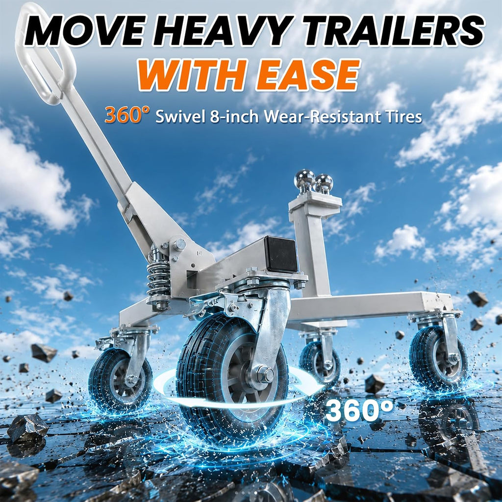 Heavy-Duty Trailer Dolly, 3500 lbs Tongue with Dual 2" & 2-5/16" Hitch Balls, 20000 lbs Max Load, 360° Swivel Wheels w/Brake, 9" All-Terrain Tires for RV Camper Boat