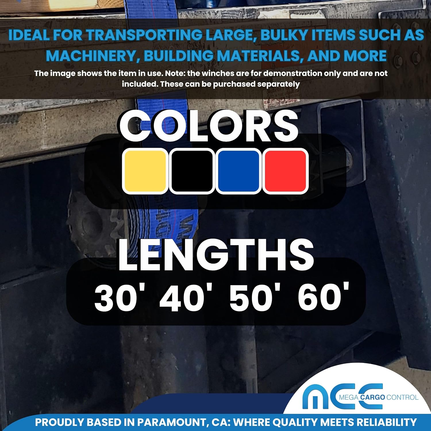 Mega Cargo Control 4" Flatbed Winch Straps with Loop Ends - 5,400 Lbs WLL Heavy Duty Tie Downs (4 Pack) 30' Long Blue Webbing