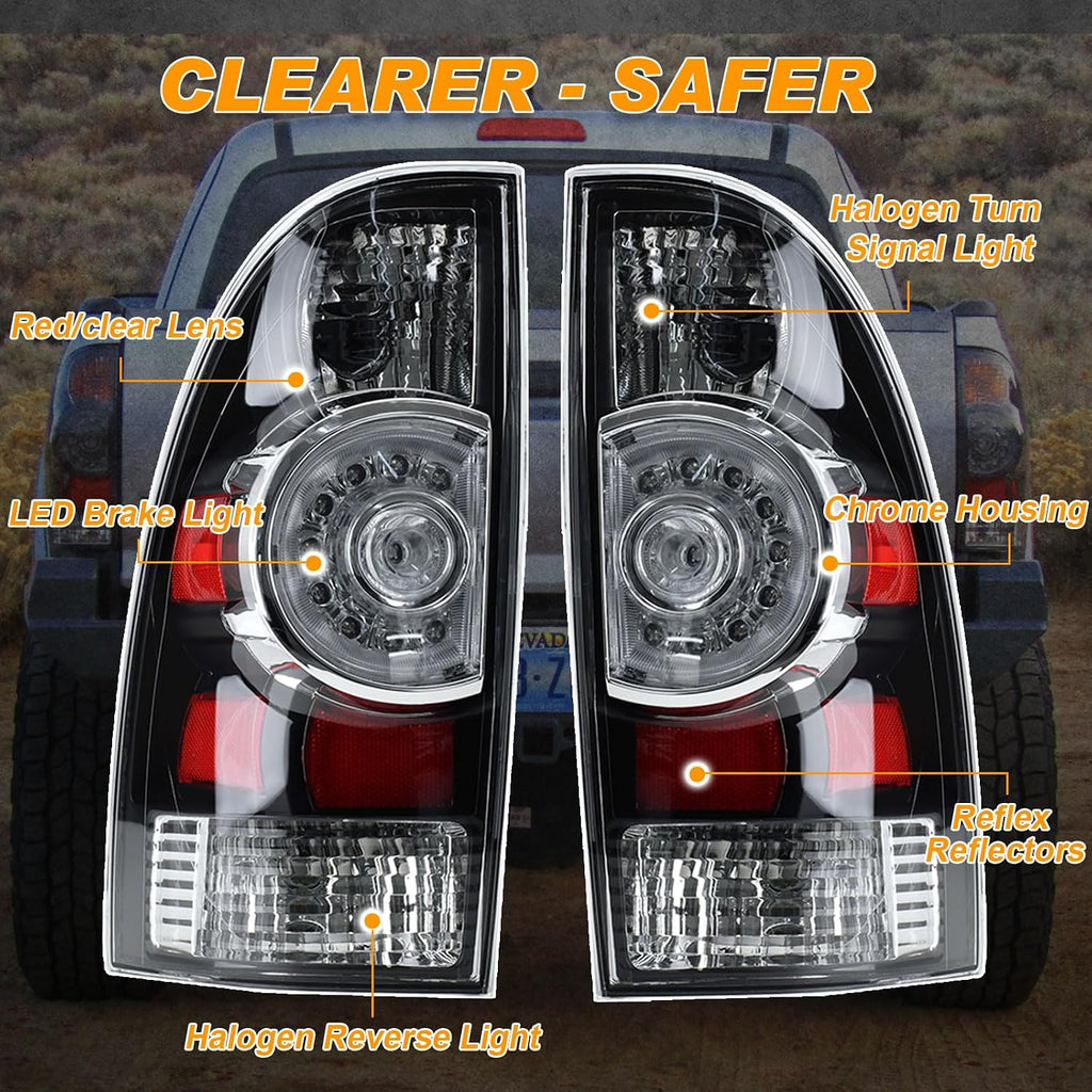 Tail Light Assembly Compatible With 2005-2015 Tacoma Pickup Driver and Passenger Side LED Taillights Brake Signal Assembly with Bulb and Harness (Black Housing Style)
