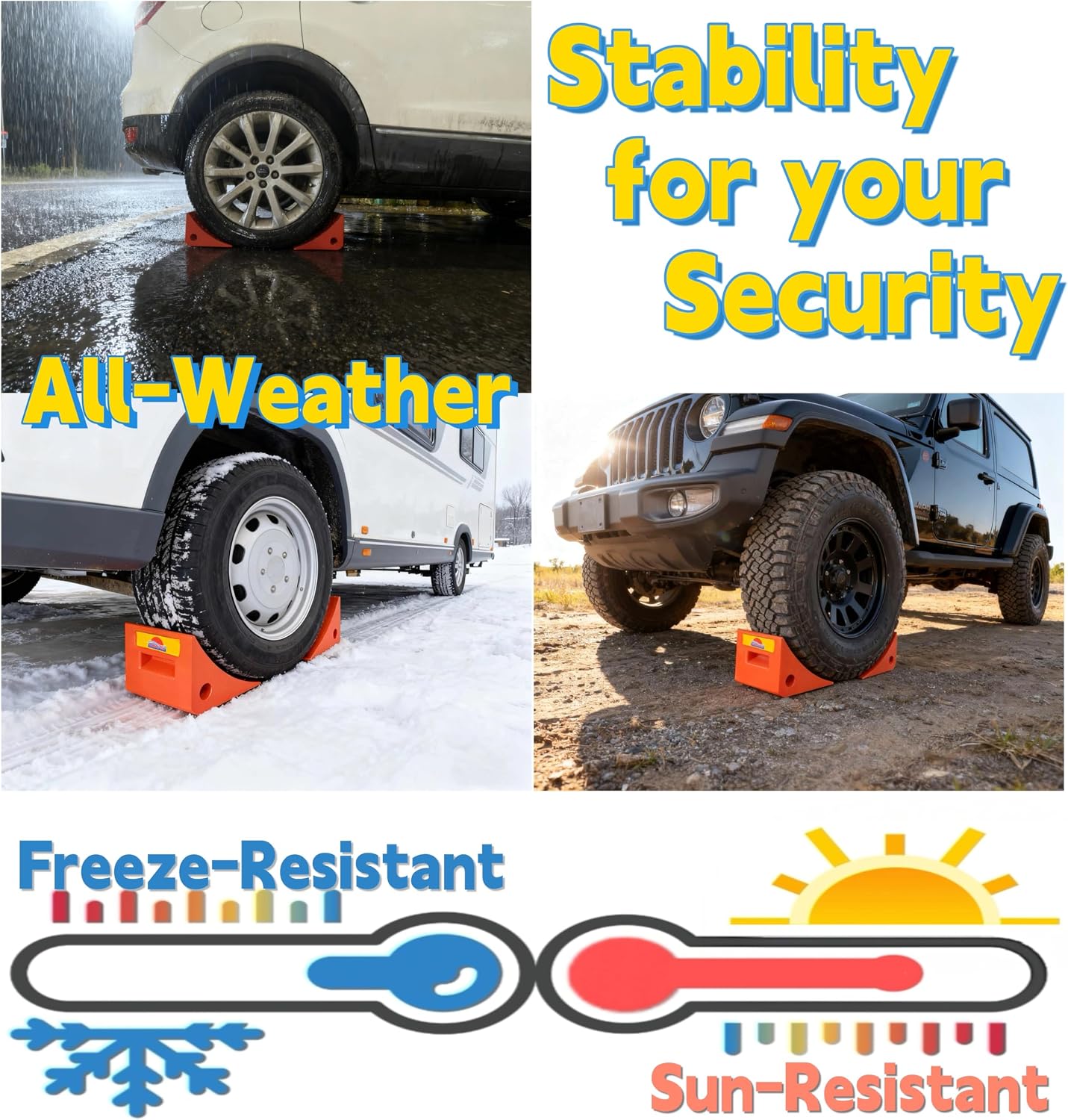 Orange PU Large Wheel Chocks with Reflective Strips,2-Piece M(10.8x7.75x7.5 Inch) Urethane Wheel Chock,All-Weather, Non-Slip & Portable Parking Security for Truck, RV, Trailer (2, M)