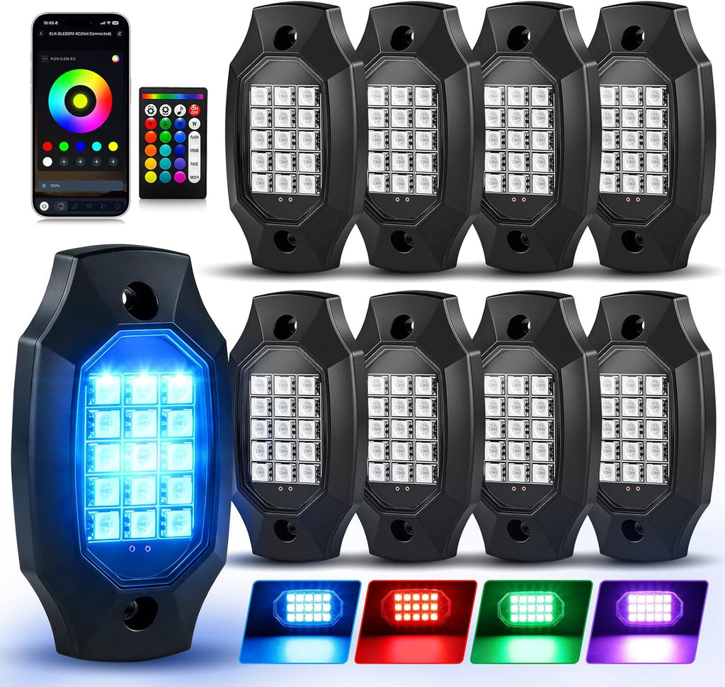 8 Pods RGB LED Rock Lights with APP/RF Remote Control High Brights Waterproof Underglow Multicolor Zone Neon Exterior Rock Lights for 12V Trucks Jeep UTV ATV RZR Offroad Pickup SUV Accessory
