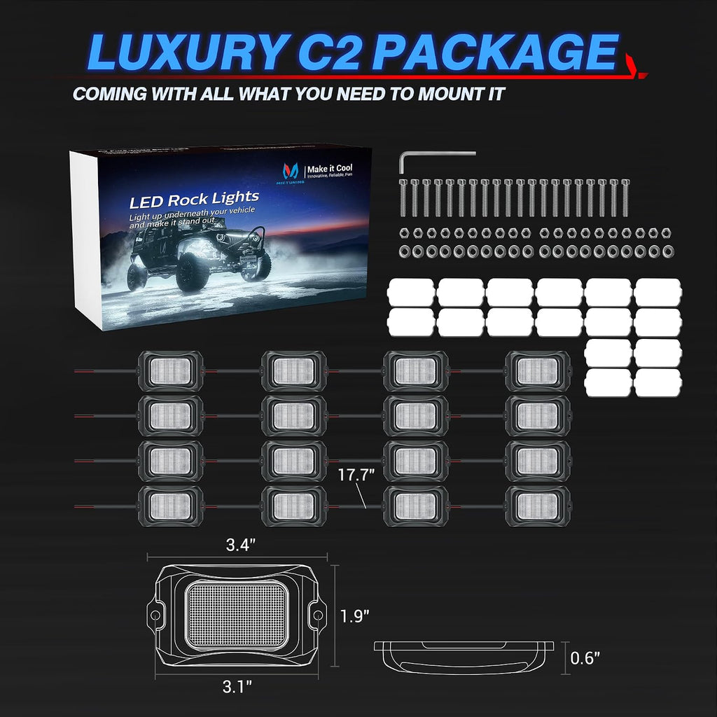 MICTUNING C2 Curved White Rock Lights - 16 Pods Underglow Lights Compatible for Car Truck Offroad Boat, IP68 Waterproof