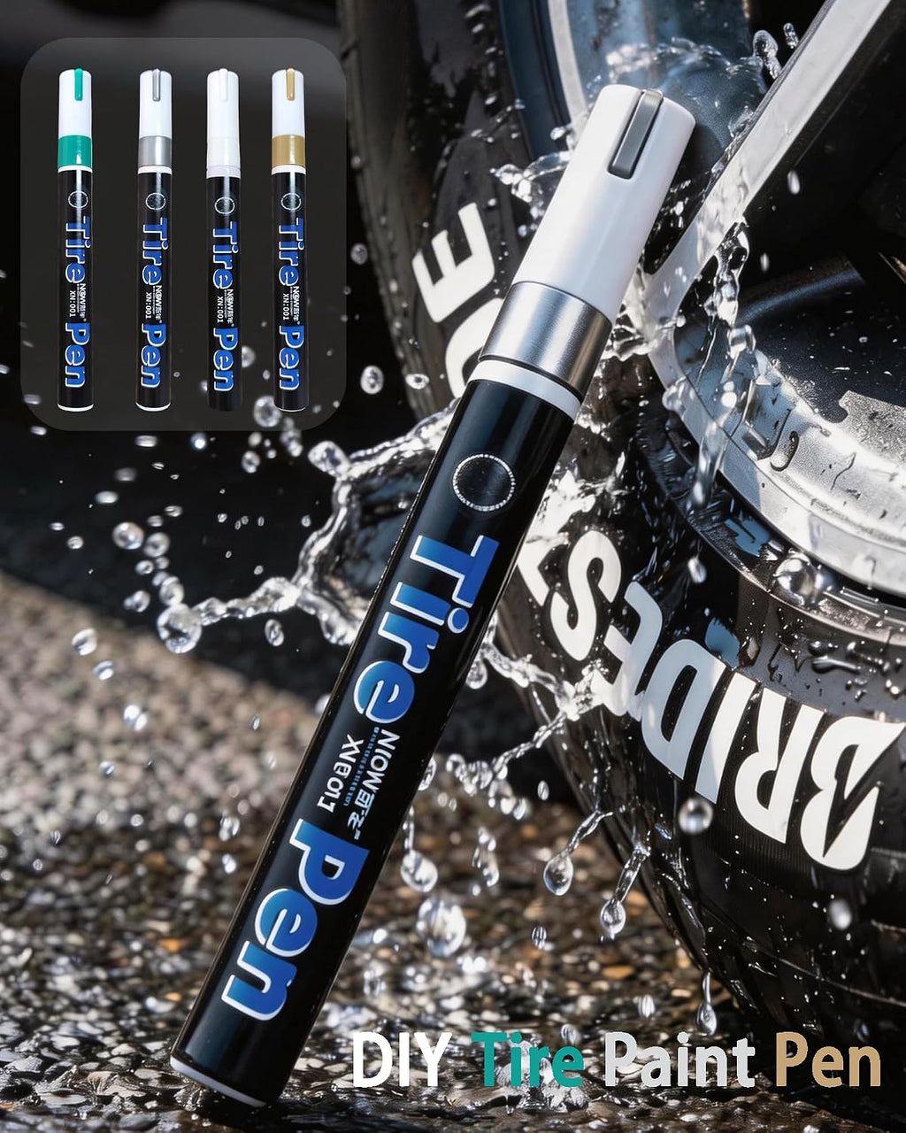 DIY Tire Paint Pen, Tire Lettering Paint Pen & Tyre Pen for Cars, Motorcycles & Bikes, Marker with Curved Tip for Sidewall Marking, 4 Colors (White, Gray, Gold, Green)
