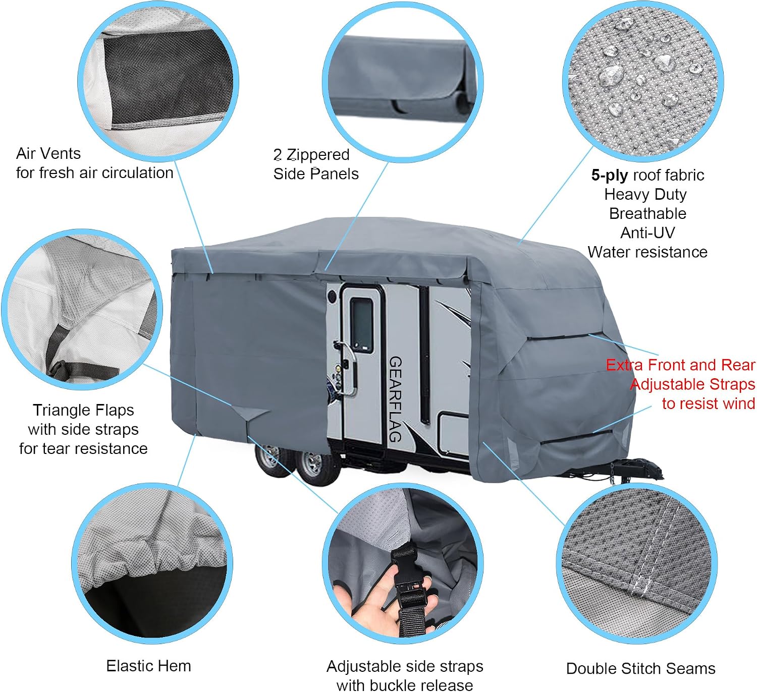 GEARFLAG Travel Trailer Cover for Motorhome Multi-Layers fits 19' - 21' with Reinforced Windproof Side-Straps Anti-UV Water-Resistance Heavy Duty (Fits 19' - 21') - Ideal for rv & Trailer Covers