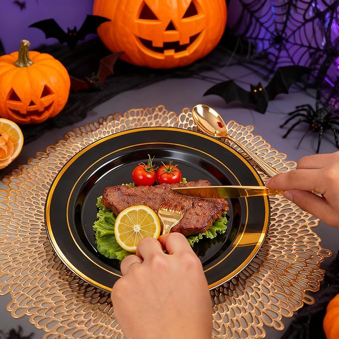 350 Pieces Black and Gold Plastic Plates with Disposable Silverware, Include ...
