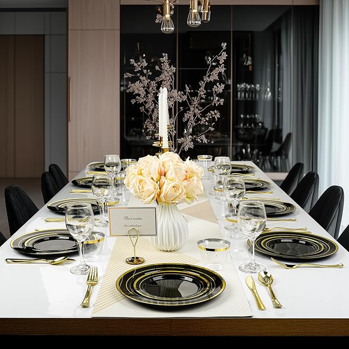 BESTVIP 600PCS Black Gold Dinnerware Set for 100 Guests, Plastic Plates for H...