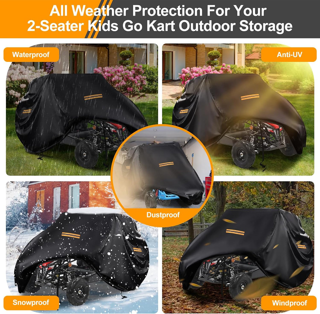 Large Go Kart Covers Waterproof,Heavy Duty 420D 2 Seater Go Kart Cover,Go Kart Accessories with Air Vent,4 Reflective Handles,2 Windproof Buckles,for Most 2-Seater Go-Kart Models