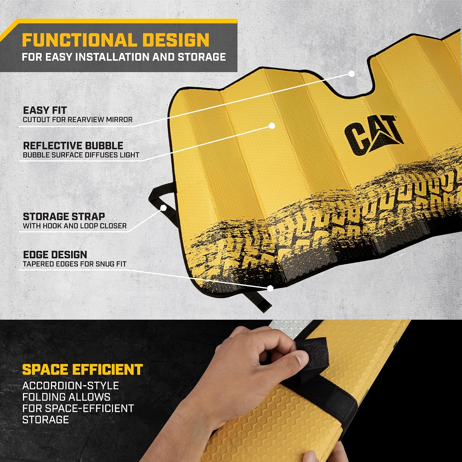 CAT Auto Shade for Trucks – Jumbo 65"x27" Accordion Folding Sunshade with Bold Yellow Tire Tracks Design – Heavy-Duty Windshield Cover for Maximum UV Protection & Interior Cooling