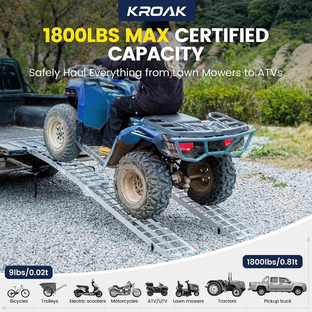 7.5FT Aluminum Loading Ramps, 1800 lbs Max Capacity, Folding Ramps for Pickup Truck & Trailer with Load Straps, for Loading Motorcycles, ATVs, Lawn Mowers, and Small Vehicles, 90" L x 12" W (2-Pack)