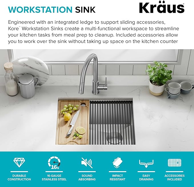 KRAUS Kore 23-Inch Undermount Workstation 16 Gauge Single Bowl Stainless Steel - Image 3