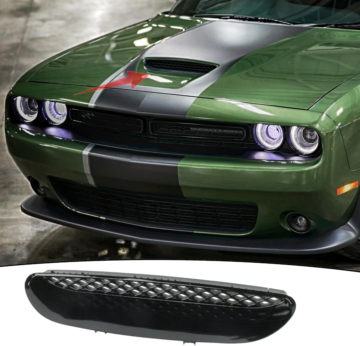 Hood Vent Center Bezel Grill Scoop Fit For 2015-2018 Dodge Challenger SRT HELLCAT & 2019-2023 R/T SCAT PACK 68184348AD 68184348AG 68184348AH,Painted Black Hood Vent Replace Parts Accessories