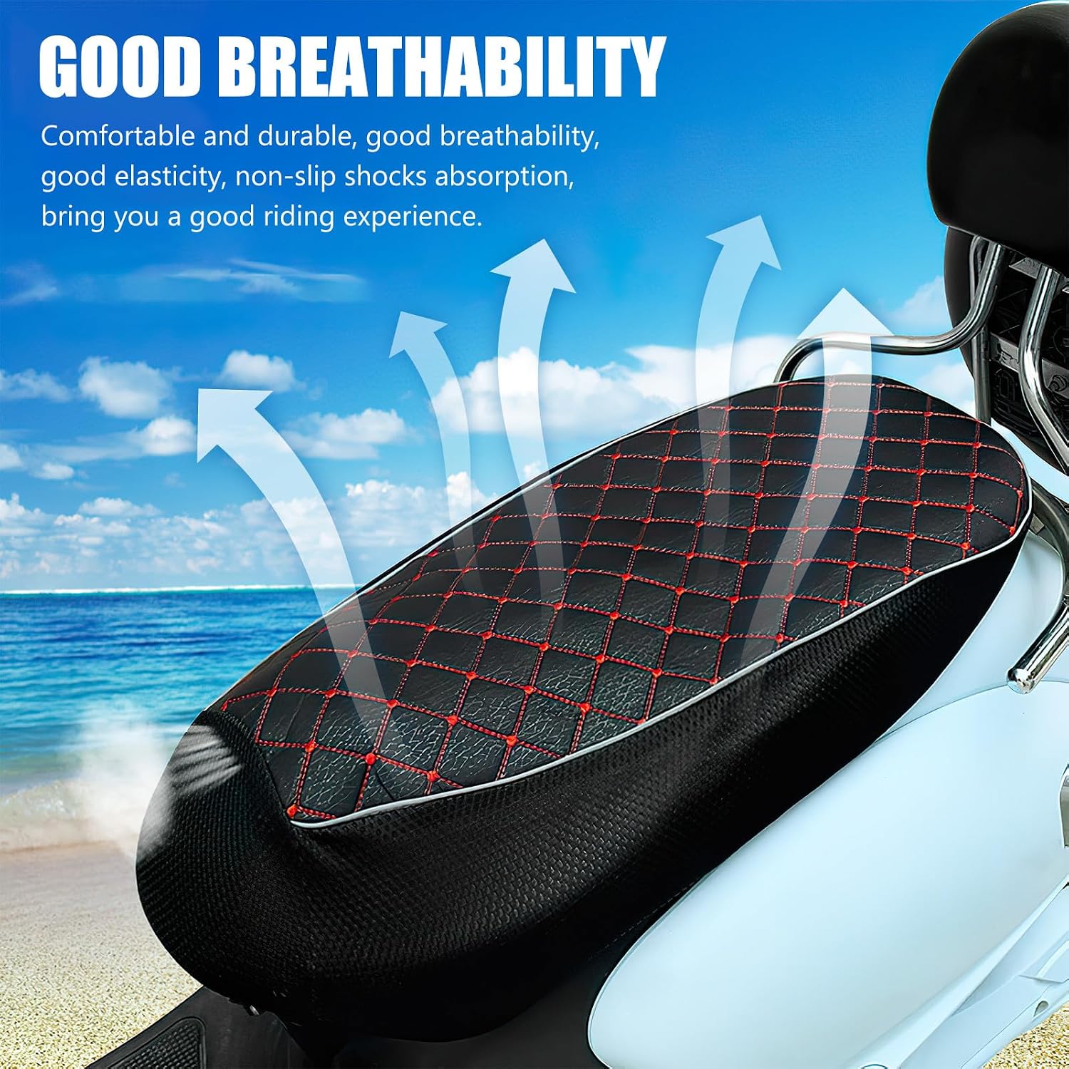Motorcycle Seat Cover Cushion Breathable Anti-Slip Mesh Fabric Large Red Grid Pattern Sunscreen Protector for Scooter and Moped All-Season Electromobile Seat Pad