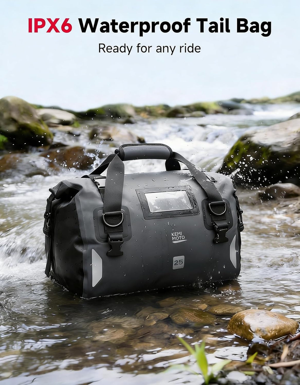 KEMIMOTO Waterproof Motorcycle Dry Bag – Duffle Tail Bag Soft Luggage, 25L/40L/65L Large Capacity with 4 Quick-Release Straps, Dustproof for Touring, Adventure, Motorcycling & Camping Grey