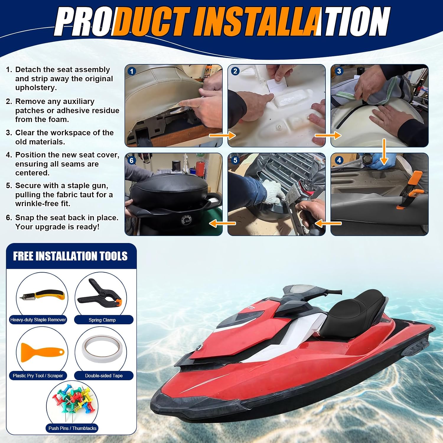 Seat Cover Fits for 2011-2018 SeaDoo GTI/GTR SE/LTD 130/155/215/90 | 3-Layer Custom Fit Faux Leather: Waterproof, Filter Inner, Tough Base. Staple Install (Basic Setup Accessories Kit Included)