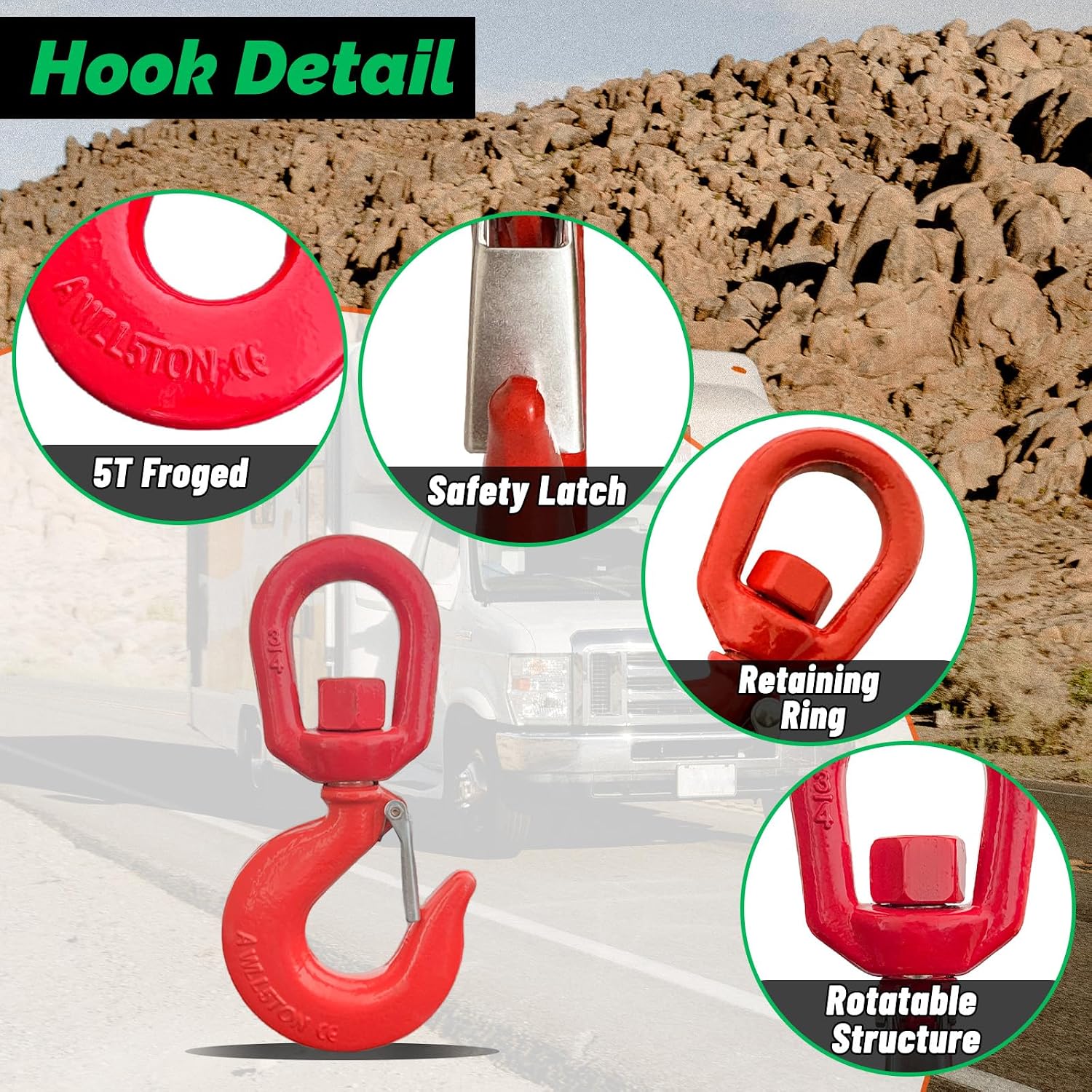 HENBOW Lift Sling Straps|2" × 6.5' Web Sling Strap with Swivel Lifting Hook and D Ring Shackle|4400Lbs Safety Work Load and 17600Lbs Breaking Load|Strap for Hoist Car Tree Saver Winch Recovery