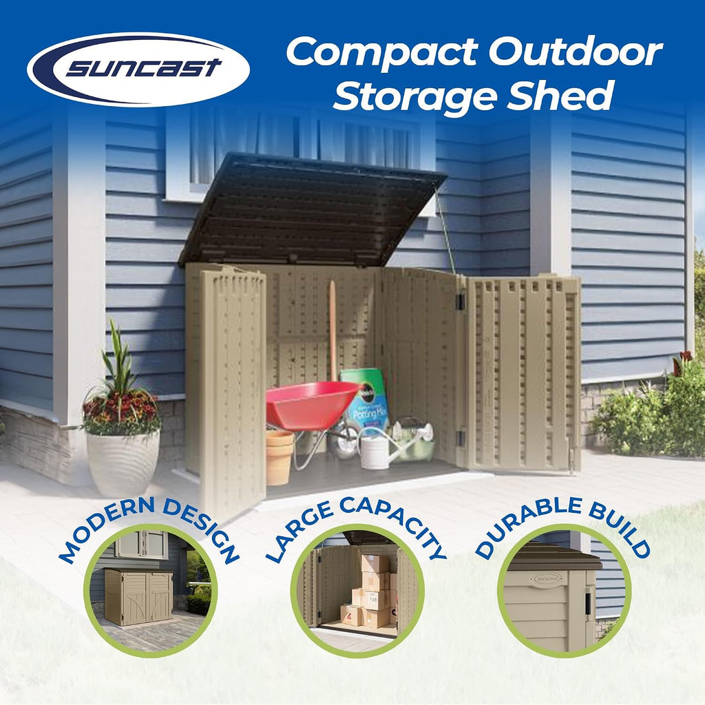suncast horizontal shed, compact outdoor storage system, 34, close-up detail