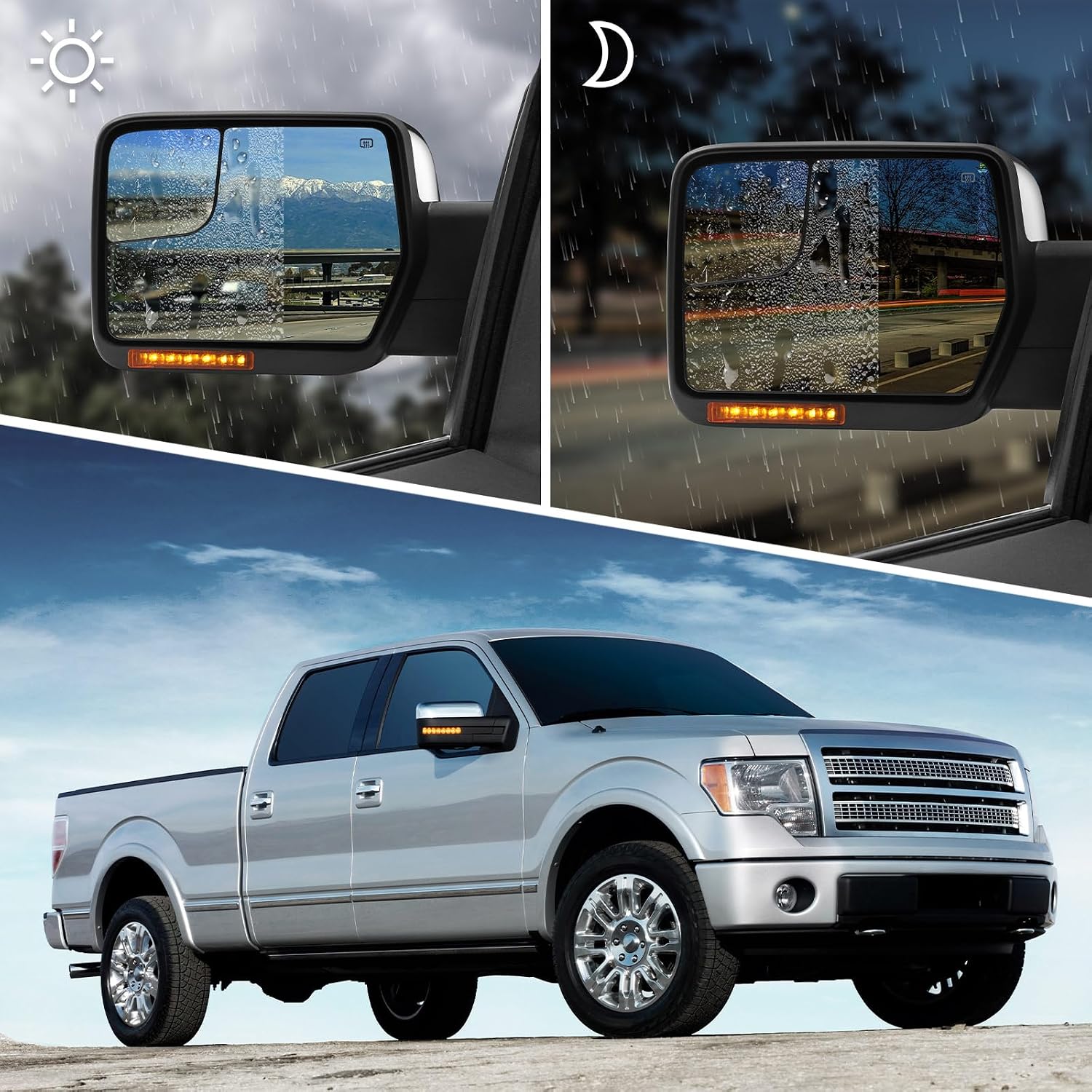 Towing Mirror for Ford F150 - Replacement fit for 2004-2014 Ford F-150 Pickup Truck with Power Adjusted Glass Heated LED Turn Signal Light Puddle Lamp Tow Mirror Pair (Chrome)