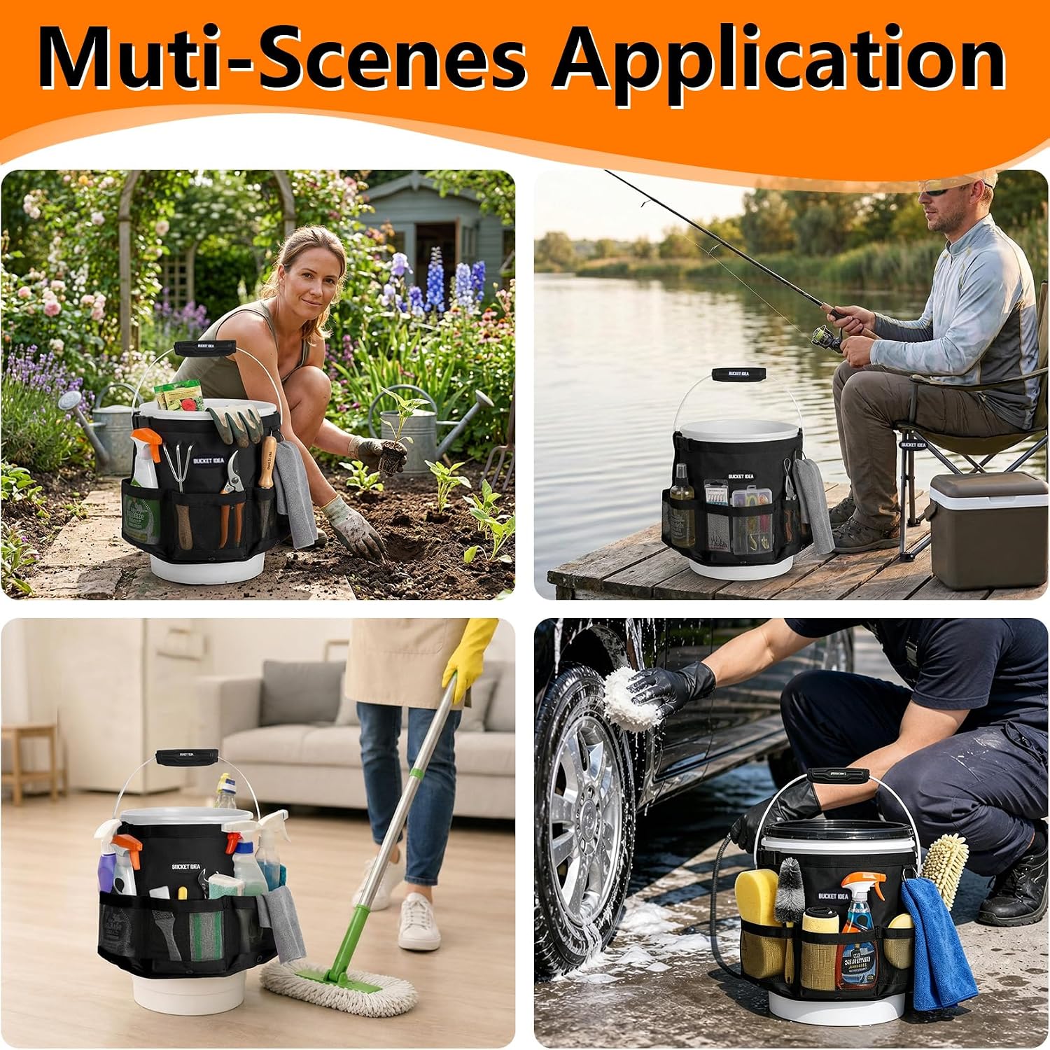 MELOTOUGH Bucket Car Wash Tool Organizer for Garden Cleaning bucket organizer Water-resistant Mesh Pockets for Clean Supplier, Car Wash Supplier Tools Fit 3.5 to 5 Gallon Bucket (Black)