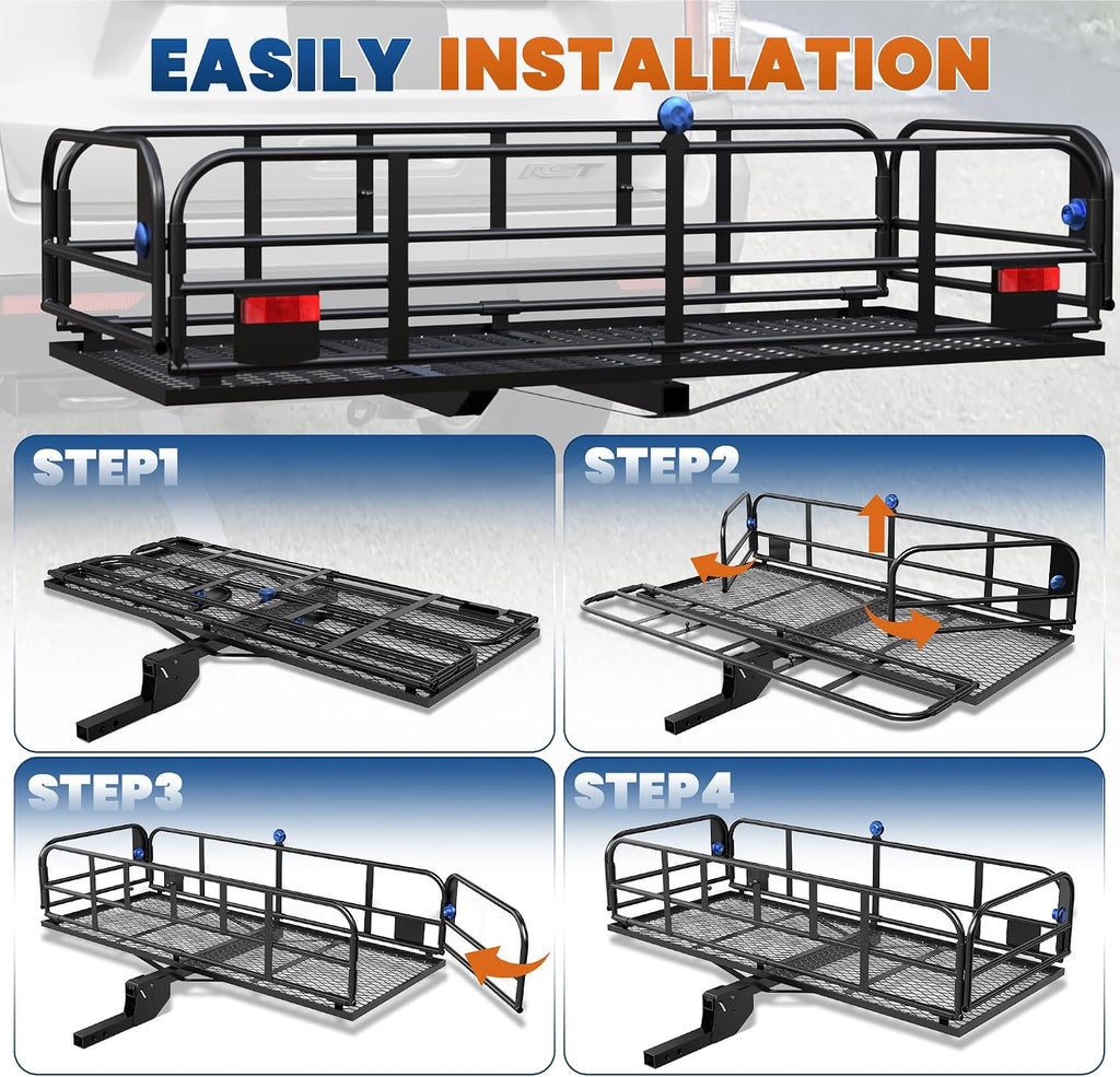 KUIPERAUTO 60" x 24" x 14" Folding Rack Hitch Mount Cargo Carrier 500 Lbs, 2" Hitch Receiver, Button Lock Luggage Basket Heavy Duty Hitch Rear Trailer Cargo Rack Compatible for SUV Truck Pickup
