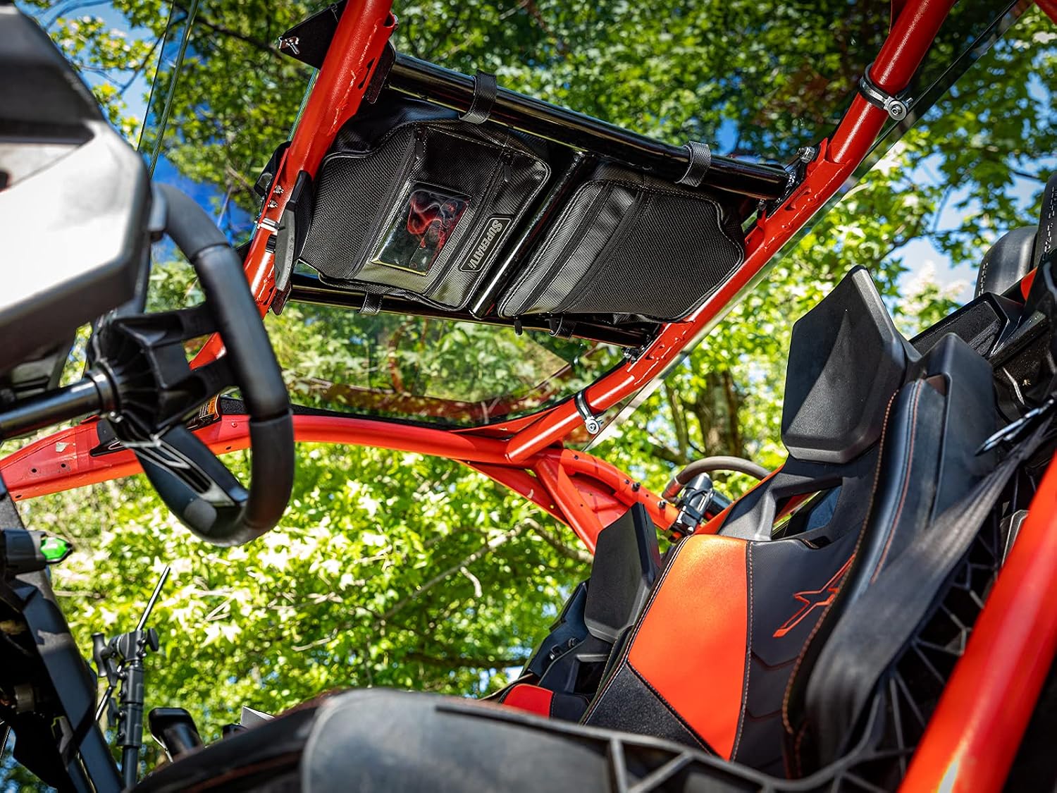SuperATV UTV Water-Resistant Overhead Storage Bag Compatible With CanAm Maverick X3 (See Fitment) - 2 compartments | Clear Phone Window | Easily Installs with Hook and Loop Straps