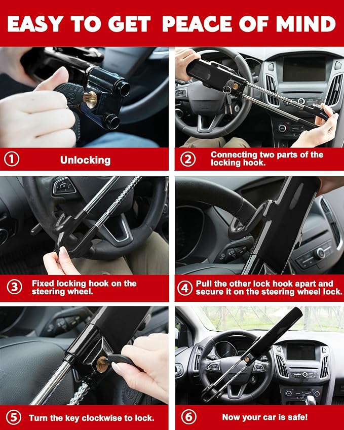 Tevlaphee Steering Wheel Lock Anti-Theft Car Device Heavy Duty Security Car - Image 5