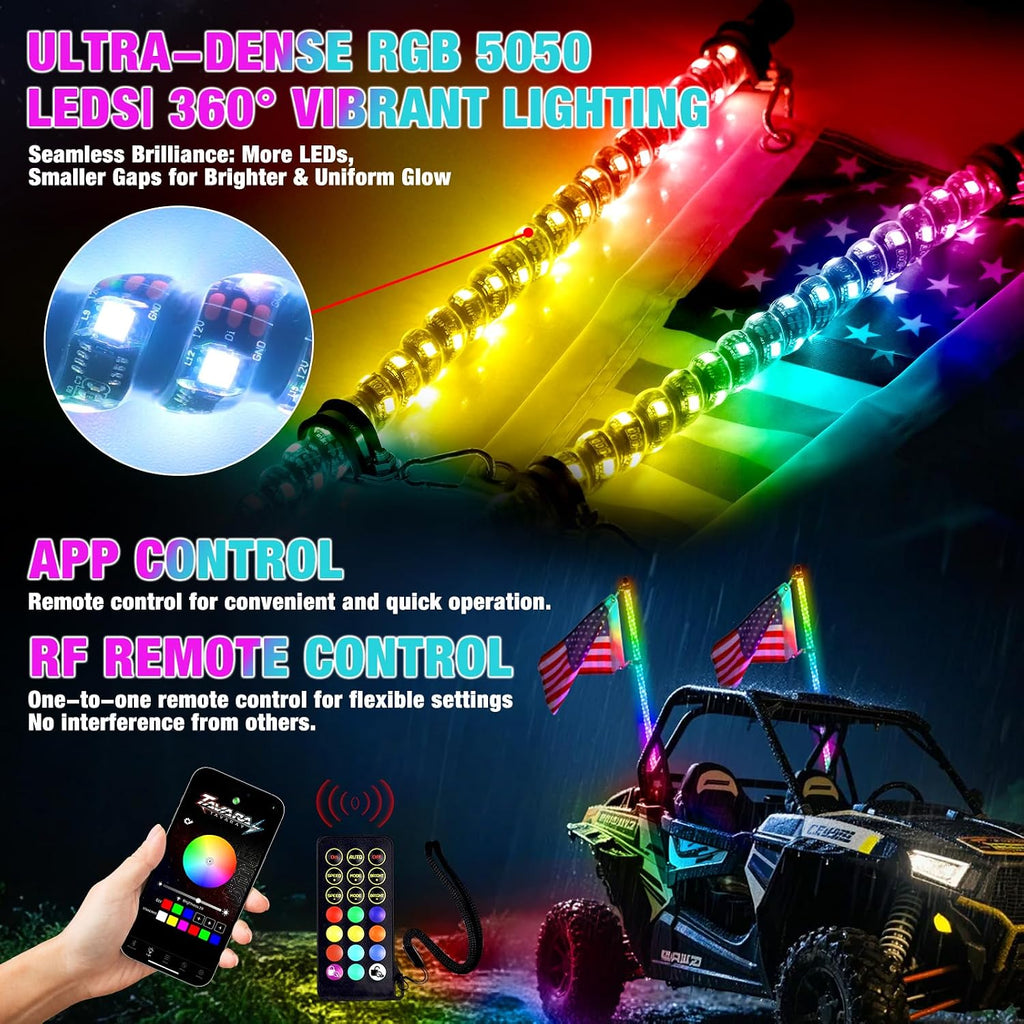 2PCS 3FT LED Whip Lights for UTV/ATV, APP & Remote Control, Chasing Color Modes, Waterproof Off-Road Light for Can-Am, Polaris RZR, Dune Buggies, Spring Base Included