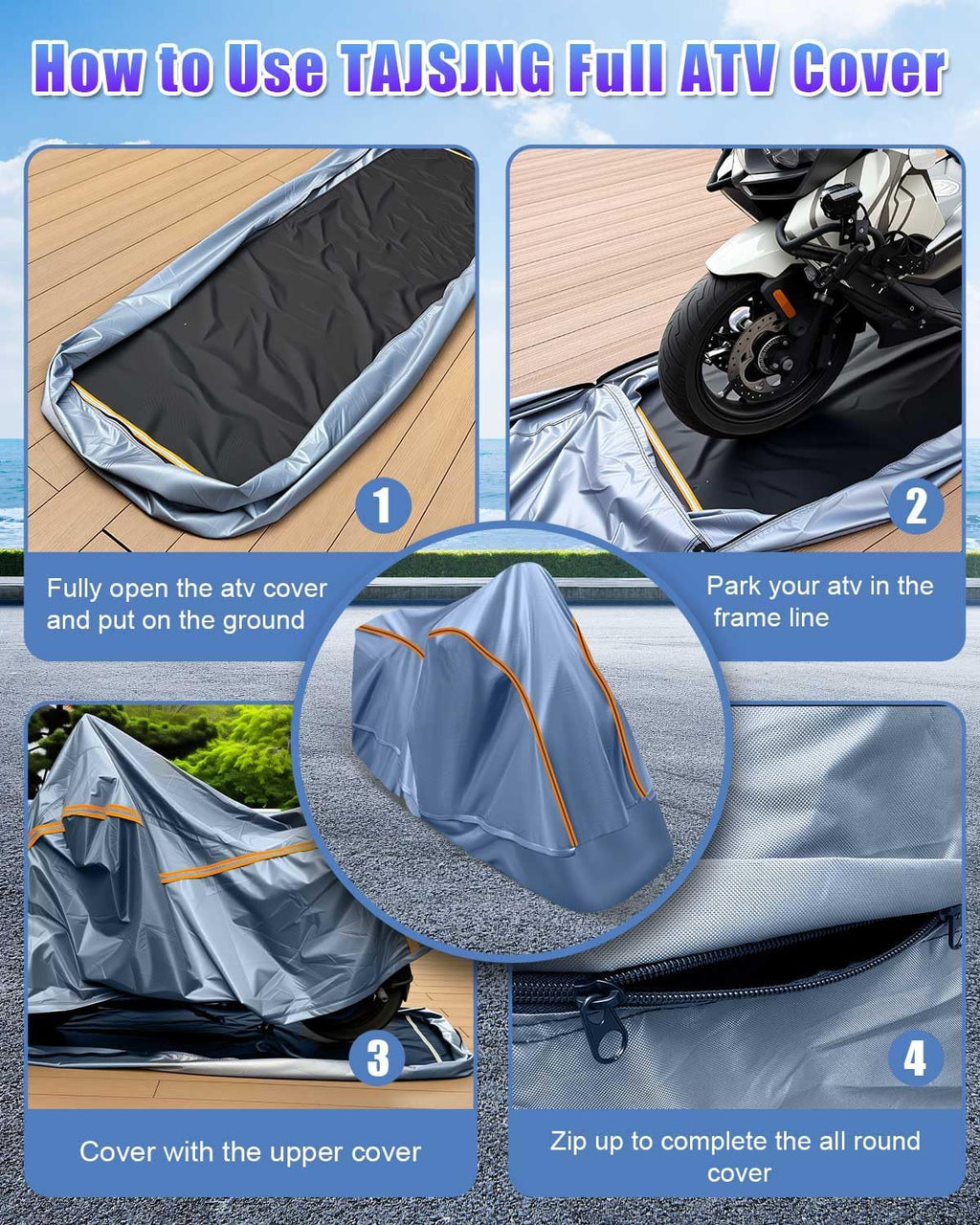 Full Enclosed ATV Cover Waterproof Outdoor Heavy Duty 4 Wheeler Cover All Season Weather Proof Quad Cover with Reflective Strips Fits ATV Length up to 84" Windproof Sunproof Dustproof