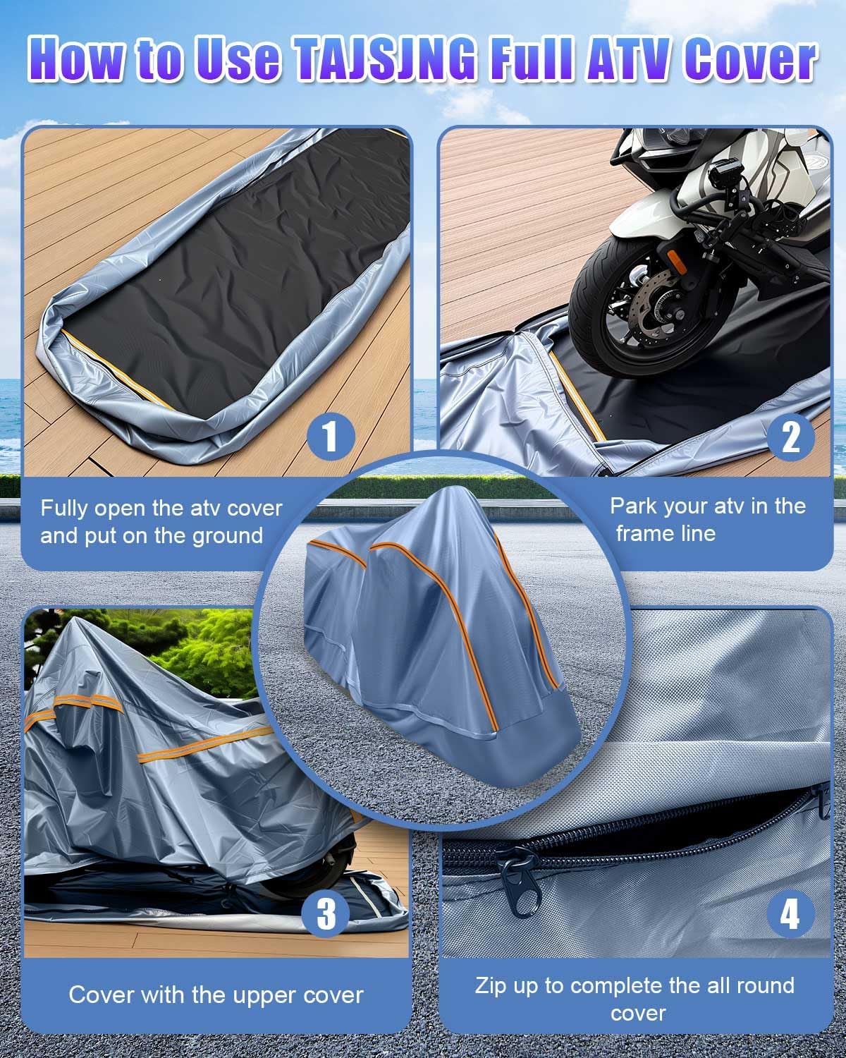 Full Enclosed ATV Cover Waterproof Outdoor Heavy Duty 4 Wheeler Cover All Season Weather Proof Quad Cover with Reflective Strips Fits ATV Length up to 84" Windproof Sunproof Dustproof