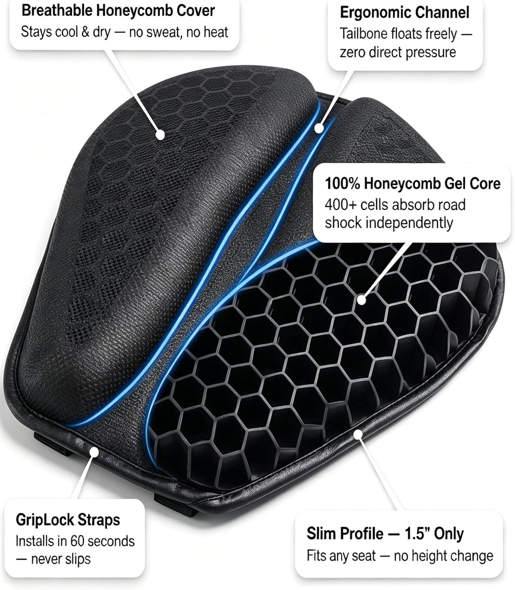 Motorcycle Seat Cushion, Hex Rider 3D Honeycomb Cushion | Tailbone Cutout Pressure Relief Cooling Seat Pad Protect Sensitive Areas Universal Shock Absorbing Non‑Slip for Long Distance